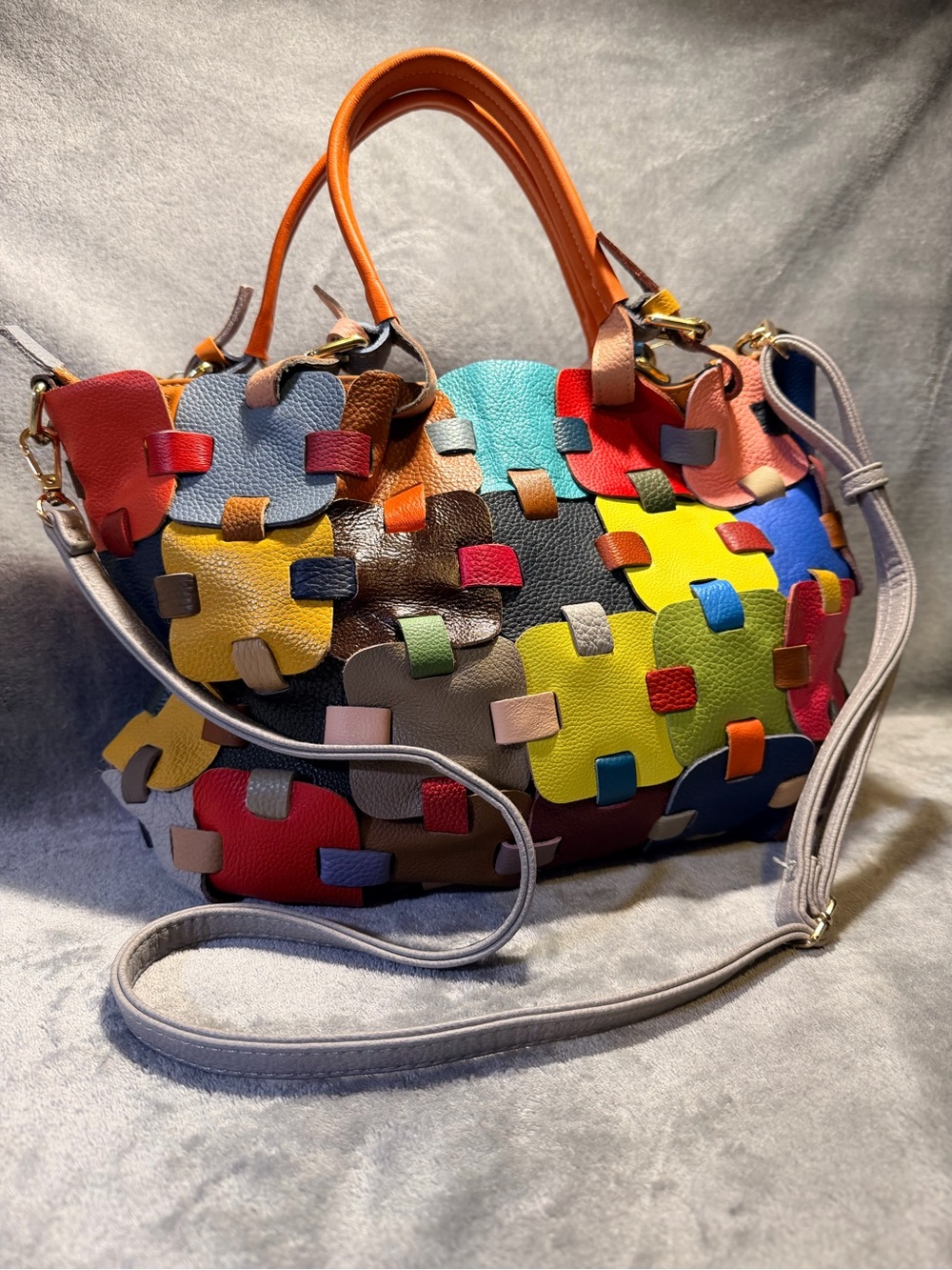 Multicolor Patchwork Genuine Leather Tote Bag - Picture 2 of 12